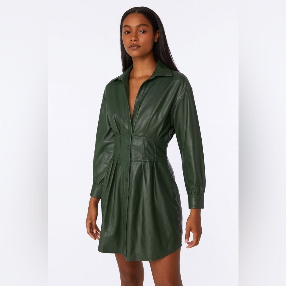 7 For All Mankind Green Faux Leather Shirt Dress Button  Long Sleeve Collared